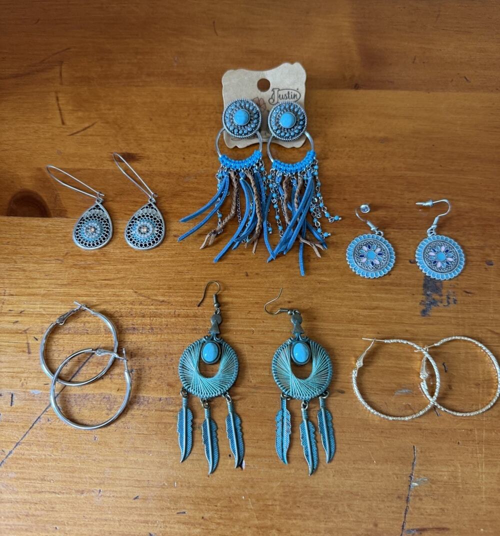 Six Pair Western Boho Turquoise And Silver Earring Collection Lot Southwestern